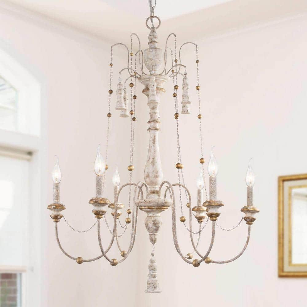 LNC Wood Vintage Chandelier With Gold Beads Farmhouse 6 Light Antique   Distressed White 6 Light Lnc Chandeliers Vanjyuhd1381017 64 1000 