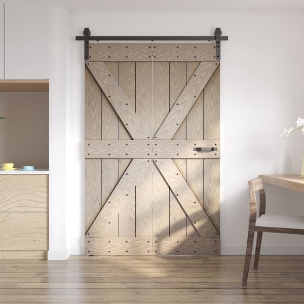 COAST SEQUOIA INC Coast Sequoia 30 in. x 80 in. Embossing Light Gray Solid Pine Wood Bi-Fold Barn Door with Sliding Hardware Kit