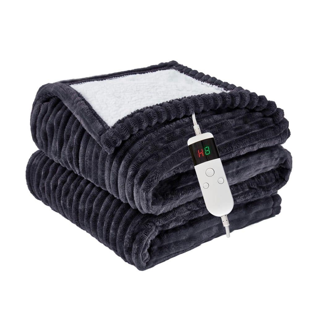 Grey Cozy Flannel Sherpa Heated Throw Blanket with 10 Heat Levels