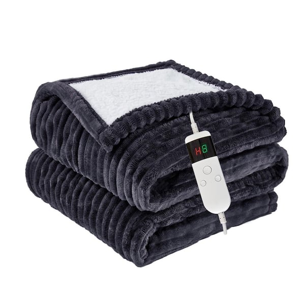 Grey Cozy Flannel Sherpa Heated Throw Blanket with 10 Heat Levels 8 Hours Auto Off Overheat Protection Electric Blanket