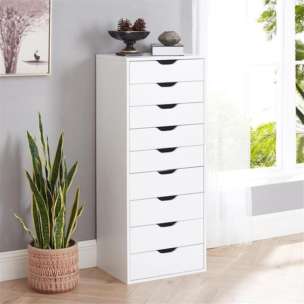 9-Drawer, White Wood Storage Dresser Cabinet, 18.9 in. Large Storage and Closet Organizer, Vertical File Cabinet,