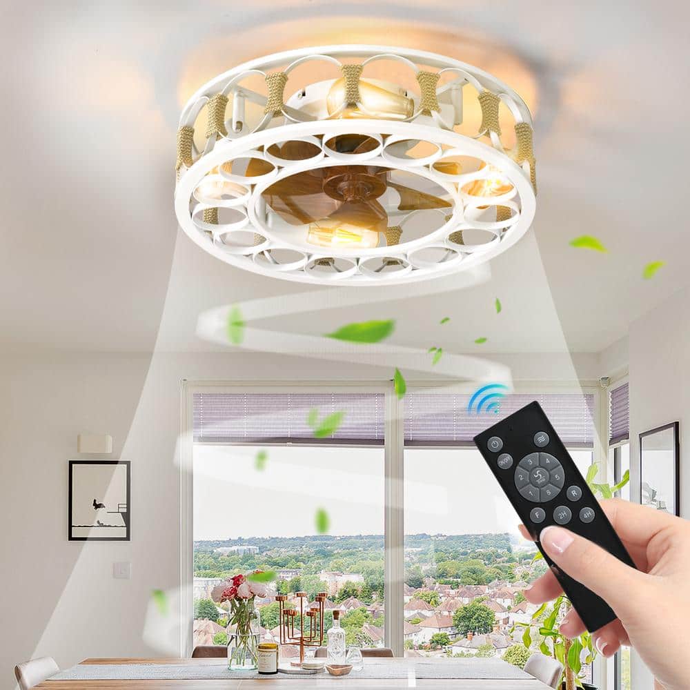19.7" White Caged Ceiling Fan with Walnut Blades and Remote