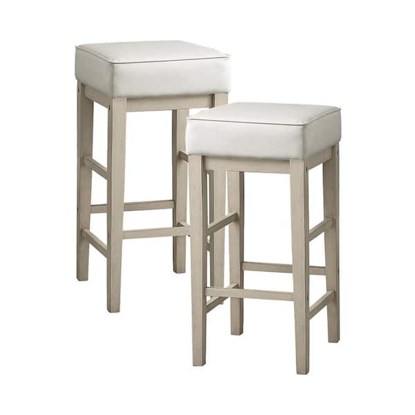 Lazzara Kinsale 30.5 in. White Finish Wood Pub Height Stool with White Faux Leather Seat (Set of 2)