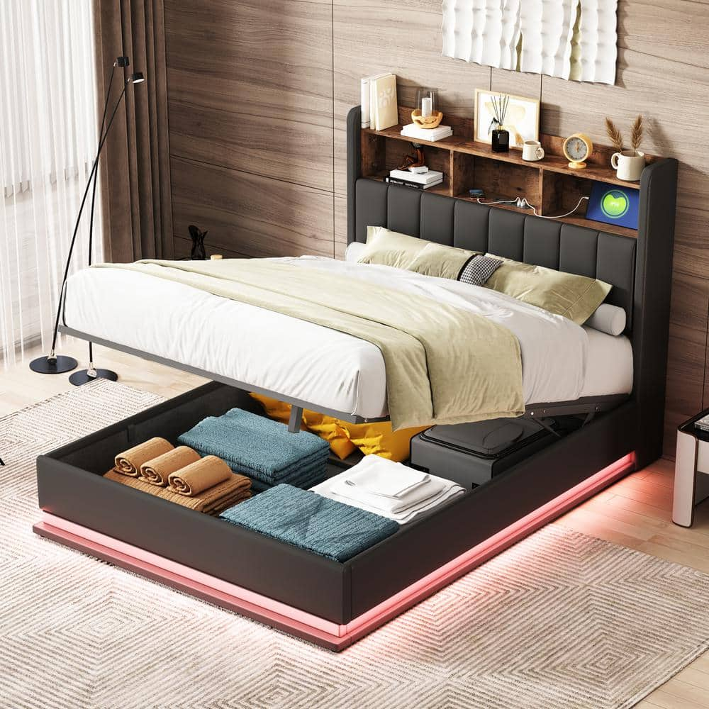 Harper & Bright Designs Black Wood Frame Full Size PU Platform Bed With ...