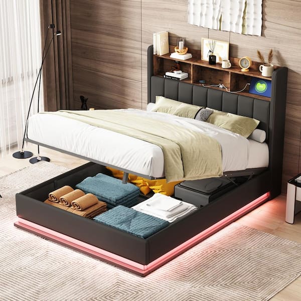 Harper & Bright Designs Black Wood Frame Full Size PU Platform Bed with Storage Headboard, Hydraulic Storage System, LED Lights and USB Ports