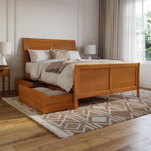 Portland Light Toffee Natural Bronze Solid Wood Frame Queen Platform Bed with Matching Footboard and Storage Drawers