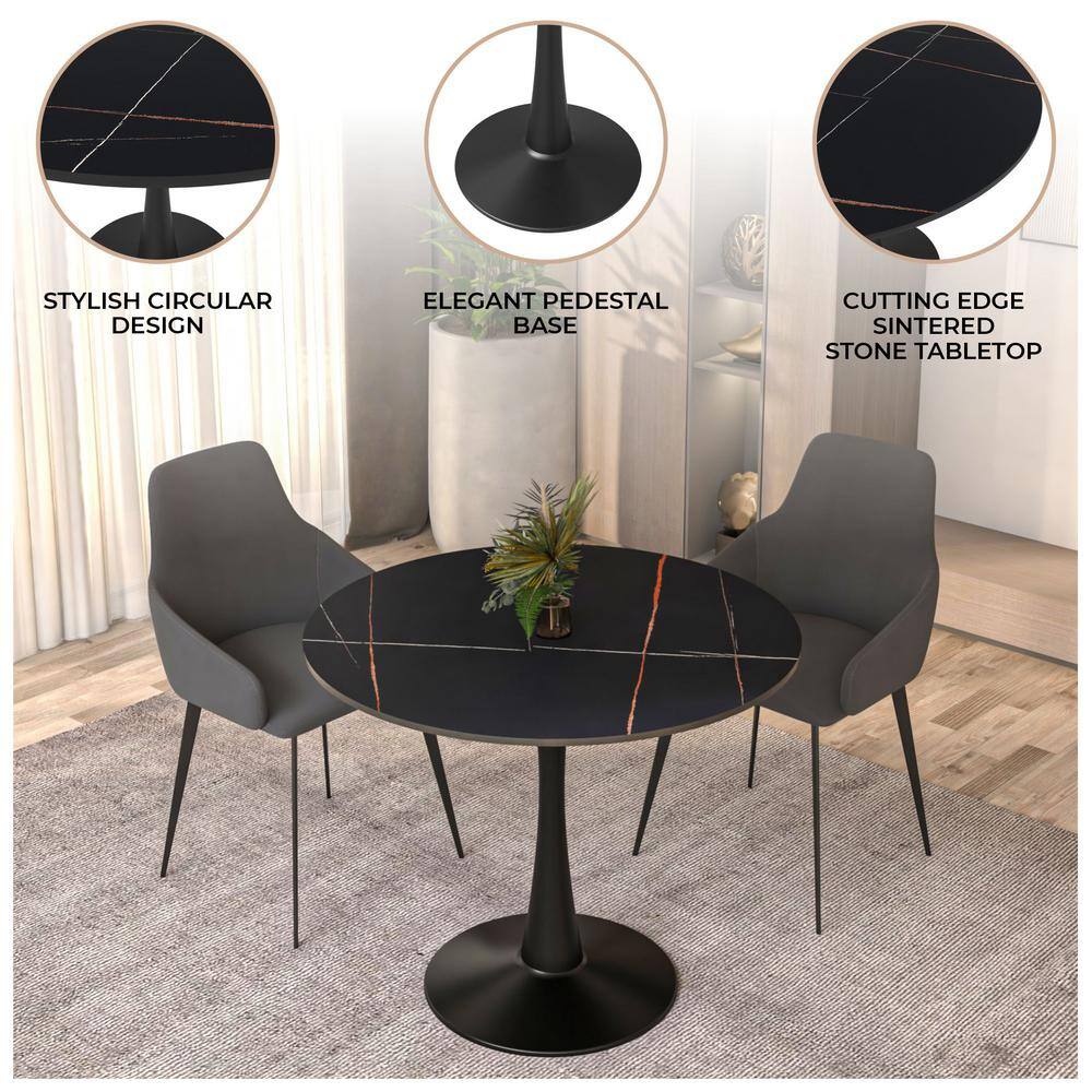 Round Black Marble Dining Table with Steel Base
