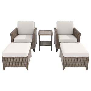 5-Piece Outdoor Wicker Conversation Set with Beige Cushions, Footstool. Side Table