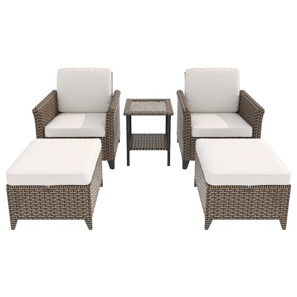 5-Piece Outdoor Wicker Conversation Set with Beige Cushions, Footstool. Side Table