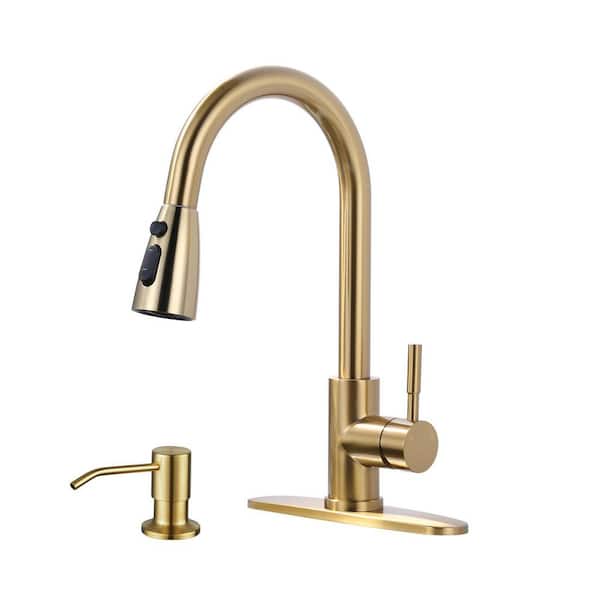 Single Handle Pull Down Sprayer Kitchen Faucet with 3-Mode Sprayer and Soap Dispenser in Brushed Gold