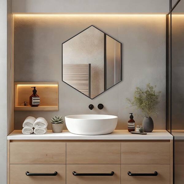 24 in. W x 30 in. H Modern Hexagon Metal Framed Wall Mounted Bathroom Vanity Mirror in Black