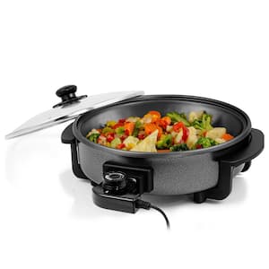 12 In. Black Non Stick Electric Skillet Aluminum Body and Tempered Glass Lid, Removable Temperature Knob