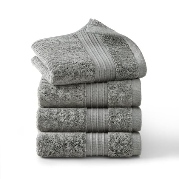 Solid Dobby Border Cotton 13 in. x 13 in. Gray Washcloth Set 4-Pack