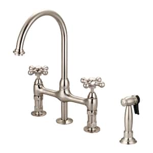 Harding Two Handle Bridge Kitchen Faucet with Sidespray and Button Cross Handles in Brushed Nickel
