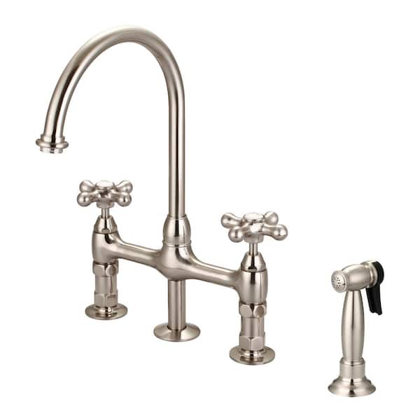 Barclay Products Harding Two Handle Bridge Kitchen Faucet with Sidespray and Button Cross Handles in Brushed Nickel