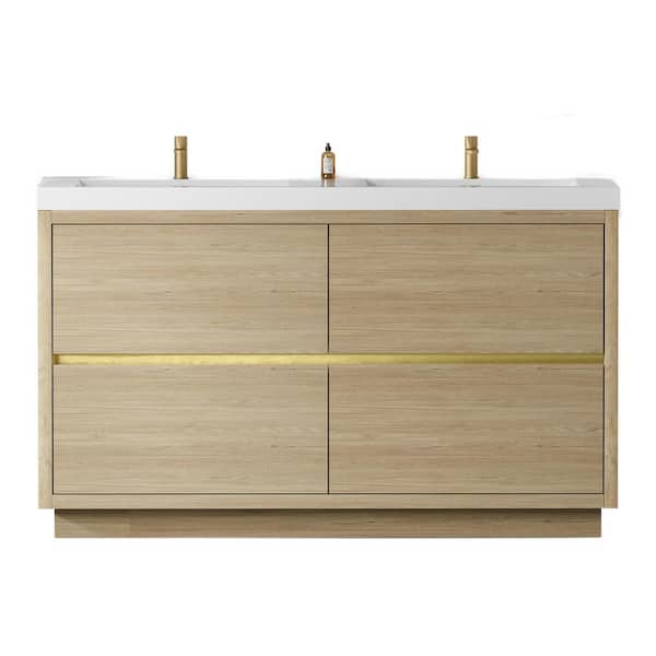 59.06 in. W x 19.69 in. D x 35.43 in. H Freestanding Bath Vanity in Oak Natural Wood with White Resin Top
