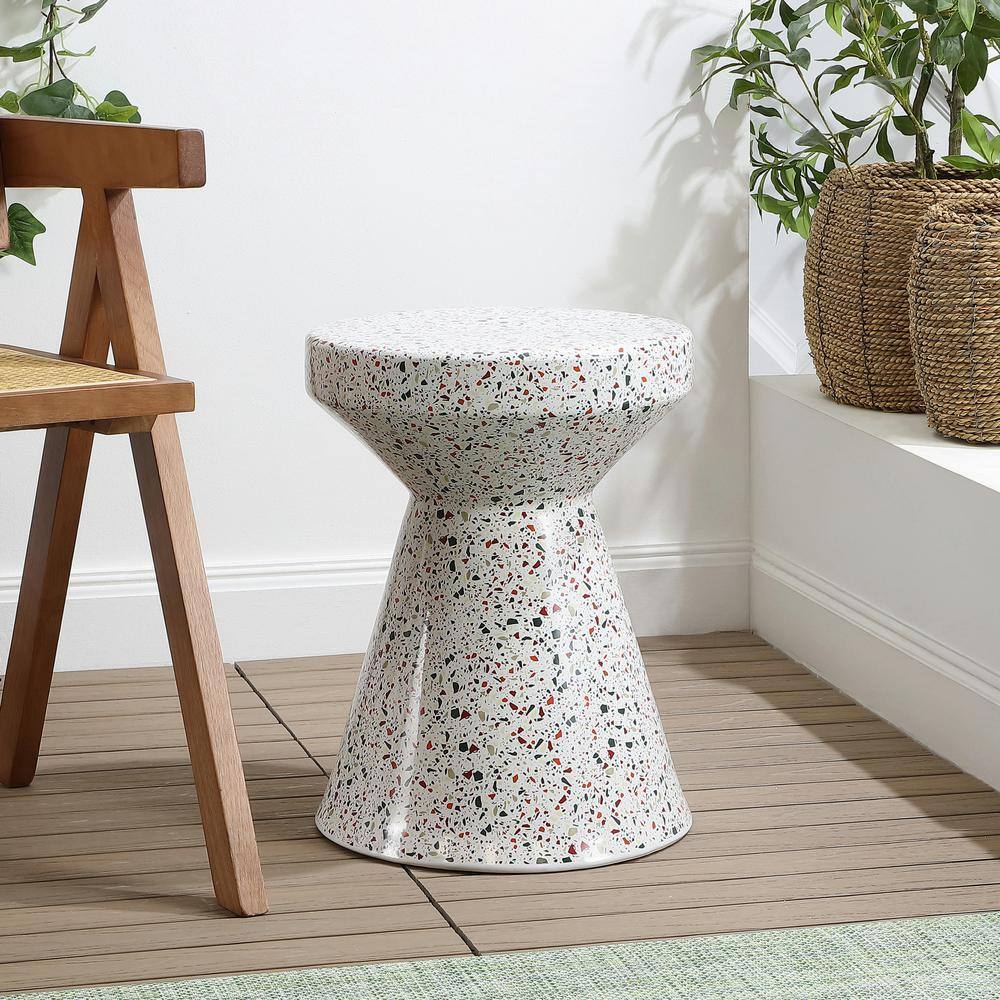 Xenia 17.75" White Ceramic Terrazzo Outdoor Accent Table