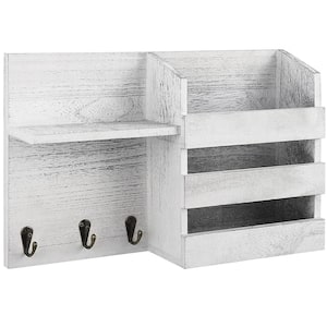 Gray White Wall Mounted Wooden Mail Sorter Organizer with 3-Key Hooks Rustic Floating Shelf