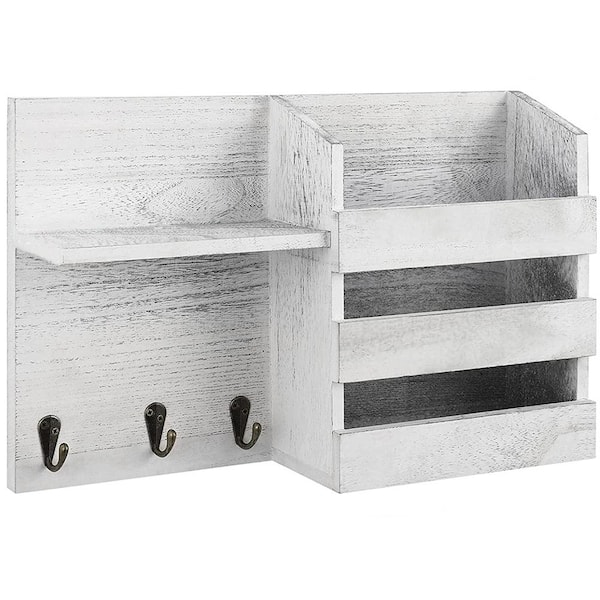 Oumilen Gray White Wall Mounted Wooden Mail Sorter Organizer with 3-Key Hooks Rustic Floating Shelf