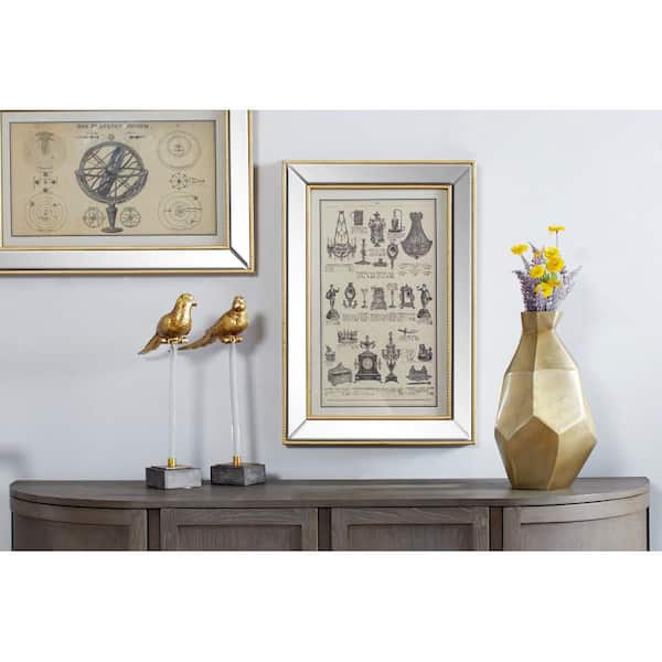 Litton Lane 19.5 in. x 28.5 in. Large Vintage Style French Illustrations Textile in Rectangular Mirror and Gold Frame