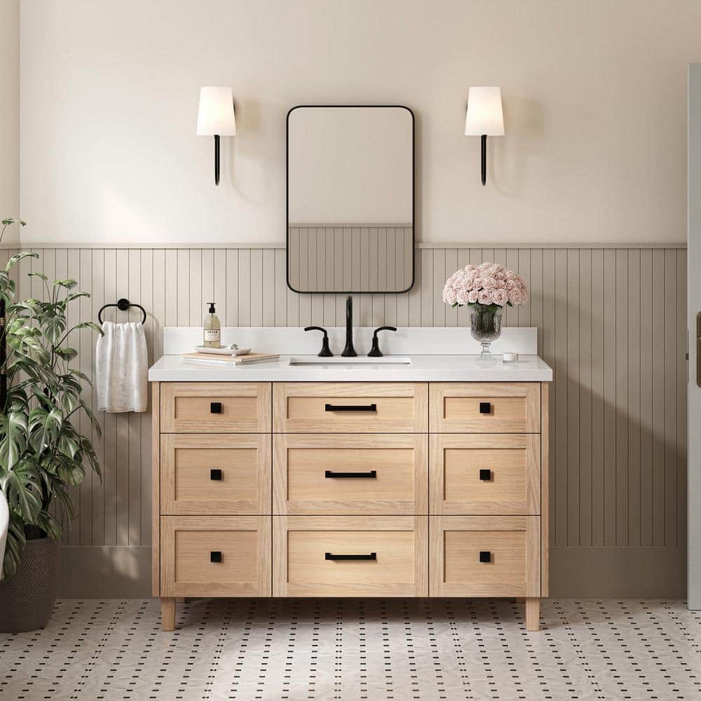Monroe 54 in. Single Sink Freestanding Bathroom Vanity in Oak with Pure White Quartz Top price history on PriceWatchPro