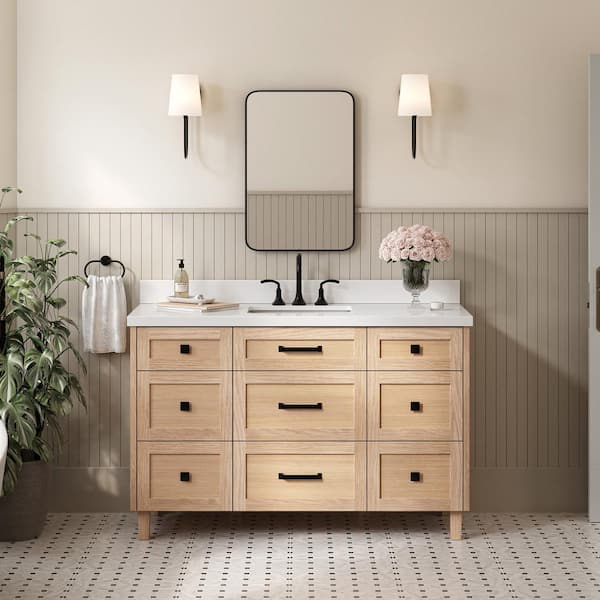 ARIEL Monroe 55 in. W x 22 in. D x 36 in. H Single Sink Bath Vanity in Oak with Pure White Quartz Top