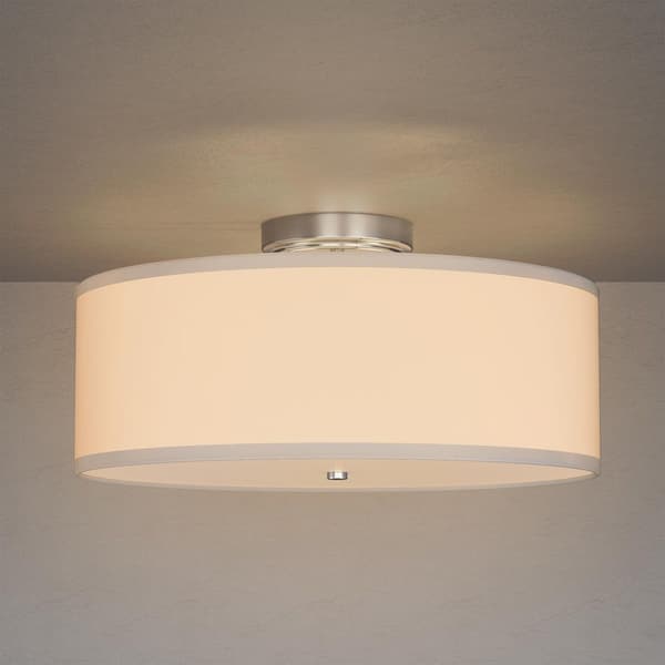 16 in. 2-Light Drum White Semi Flush Mount Ceiling Light with Fabric and Acrylic Shade for Living Room