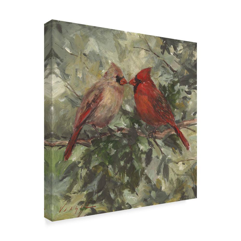 Kissing Cardinals Portrait Canvas Art in Red and Beige