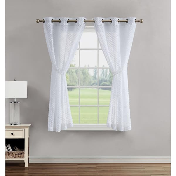 Creative Home Ideas Mia White Embellished 38 in. W x 63 in. L Grommet Sheer  Tiebacks Curtain (2 Panels with 2 Tiebacks) YMC016557 - The Home Depot