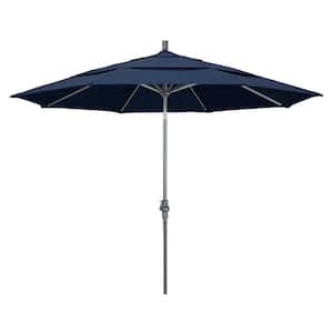 11 ft. Hammertone Grey Aluminum Market Patio Umbrella with Crank Lift in Spectrum Indigo Sunbrella