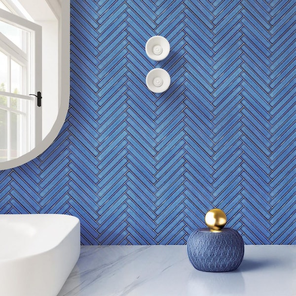 Porcetile Blue 8.27 in. x 9.77 in. Herringbone Matte Porcelain Mosaic Wall and Floor Tile (5.7 sq. ft./Case)
