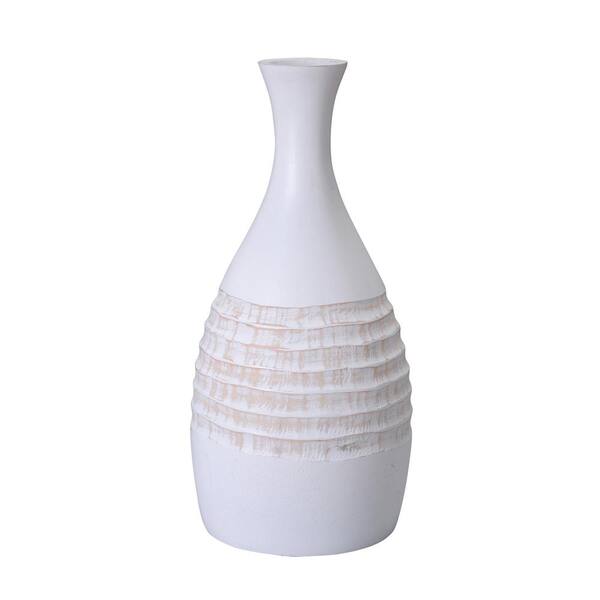 Villacera 15 in. White Decorative Handmade Mango Wood Bottle Vase