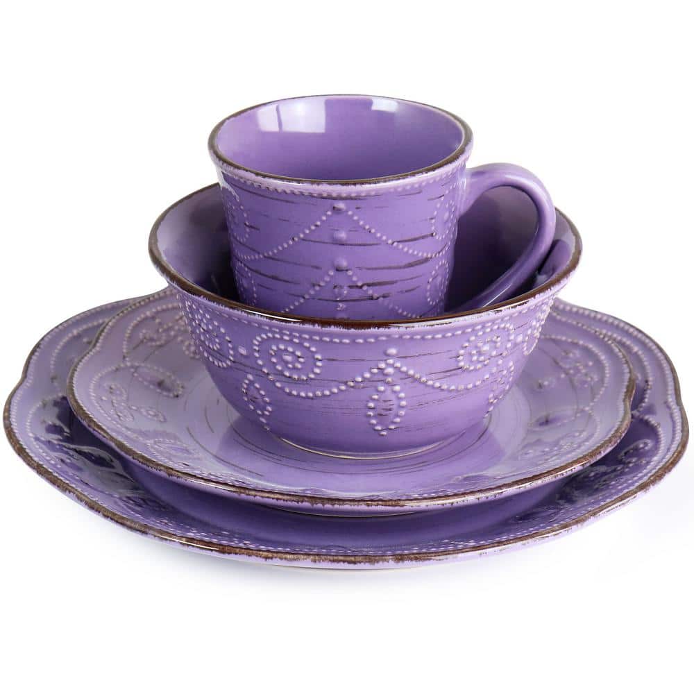 Purple Ceramic 16-Piece Rustic Birch Dinnerware Set