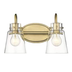 Bristow 14.75 in. 2-Light Antique Brass Vanity Light with Clear Glass