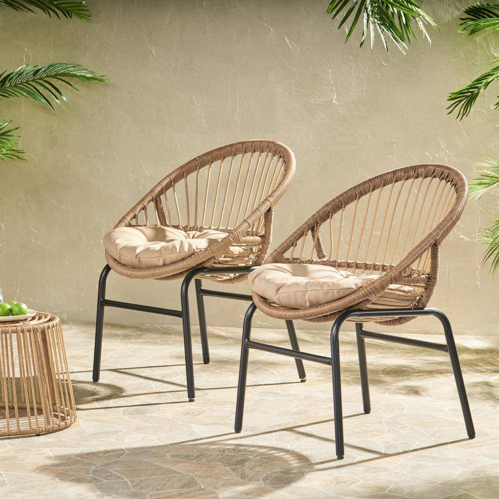 Light Brown and Beige Wicker Outdoor Dining Chairs with Cushions, Set of 2