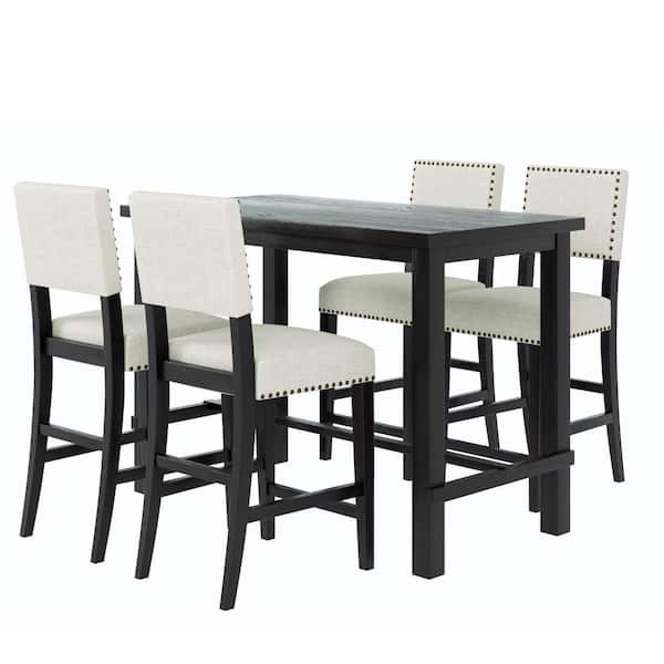 Angel Sar 5-Piece Wood Top Black Dining Set with 4 Beige Fabric Chairs