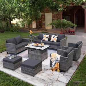 Moonshadow Gray 8-Piece Wicker Patio Rectangular Fire Pit Set with Black Cushions and Swivel Rocking Chairs