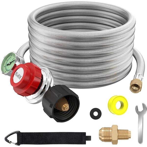 12FT Stainless Braided High Pressure Propane Regulator with Gauge 0-60 PSI Gas Flow Indicator 3/8 Flare MNPT Fittings