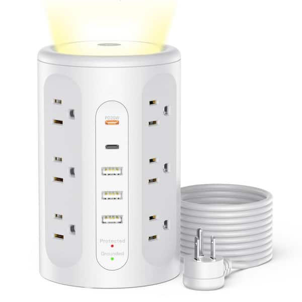 Multiple Outlets 10 ft. Cord 12-Outlet Widely Space 1800 Joules Surge Protector with 4 USB Ports 1 USB C and Night Light