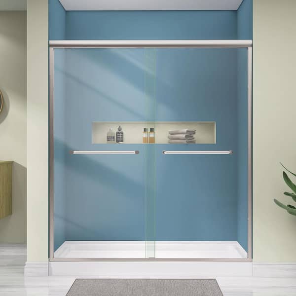 62 to 66 in. W x 72 in. H Double Sliding Shower Door in Brushed Nickel Framed Bypass Alcove Shower Door with Clear Glass