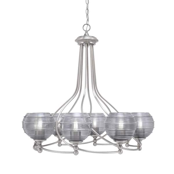 Unbranded Royale 8 Light Brushed Nickel Chandelier, Round Chandelier with 6 in. Smoke Ribbed Glass Shades, No Bulbs Included
