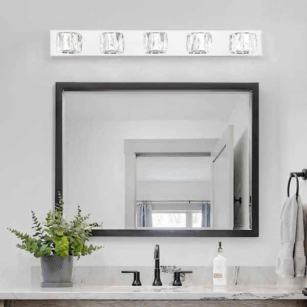 Sunpez 35 in. W 5-Lights Modern Crystal Vanity Light with Chrome Finish and Built-In LED Lighting for Bathroom Bedroom Hallway