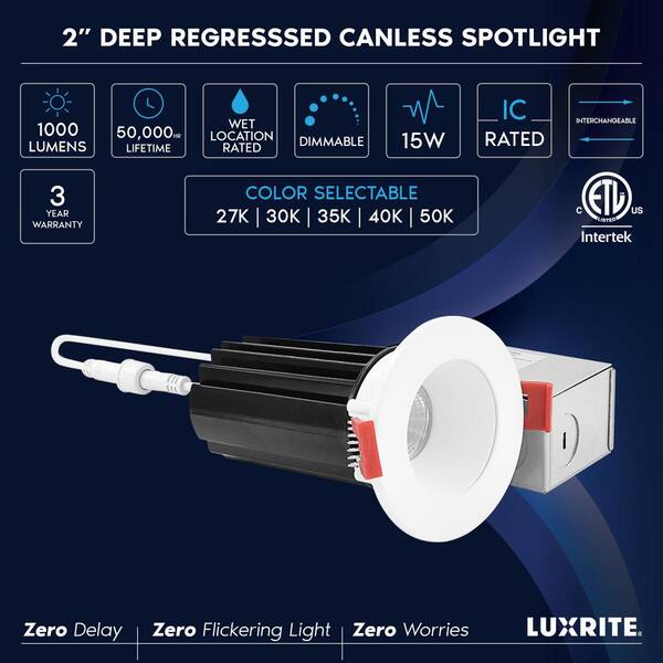 2 in. LED Recessed Light J-Box 15W 5 Color Selectable 2700K-5000K 1000  Lumens Dimmable Wet Rated IC Rated (4-Pack)