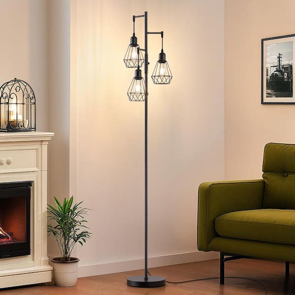 Hukoro 69 in. 3-Light Tree Floor Lamp with Hanging Steel Cage