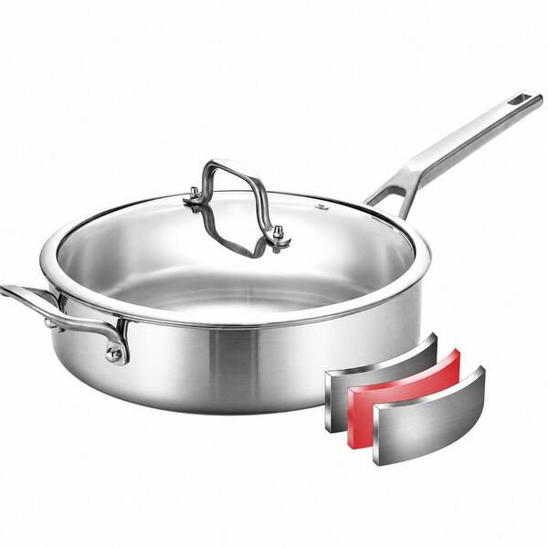 Tri-Ply Stainless Steel Saute Pan with Lid, 6 QT 12 in Deep Skillet, Stay-Cool Handle, Induction and Oven Safe