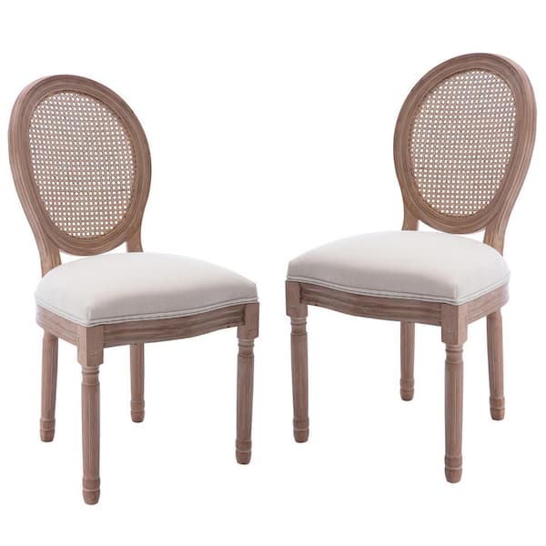French Beige Fabric Upholstered Rattan Back Dining Chair with Rubber Legs, Farmhouse Side Chairs (Set of 2)