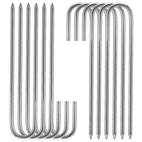 12 in. J-Shaped Silver Steel Fabric Stake, Heavy Duty Landscaping Pins for Securing Fabric, Netting & Fencing (16-Pack)