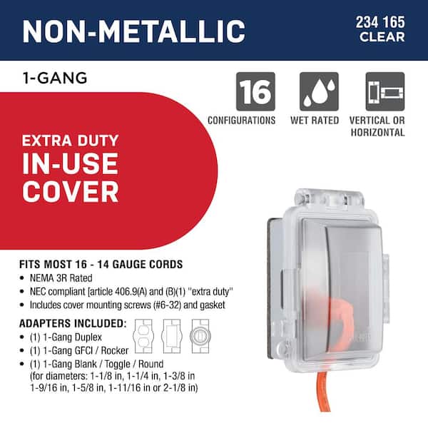 1-Gang Extra Duty Horizontal/Vertical Non-Metallic Weatherproof In-Use Outlet Cover (16-in-1-Configurations), Clear