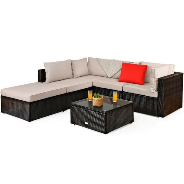Clihome 6-Piece Wicker Outdoor Patio Conversation Set Rattan Furniture Set with Beige Cushions, Ottoman and Coffee Table