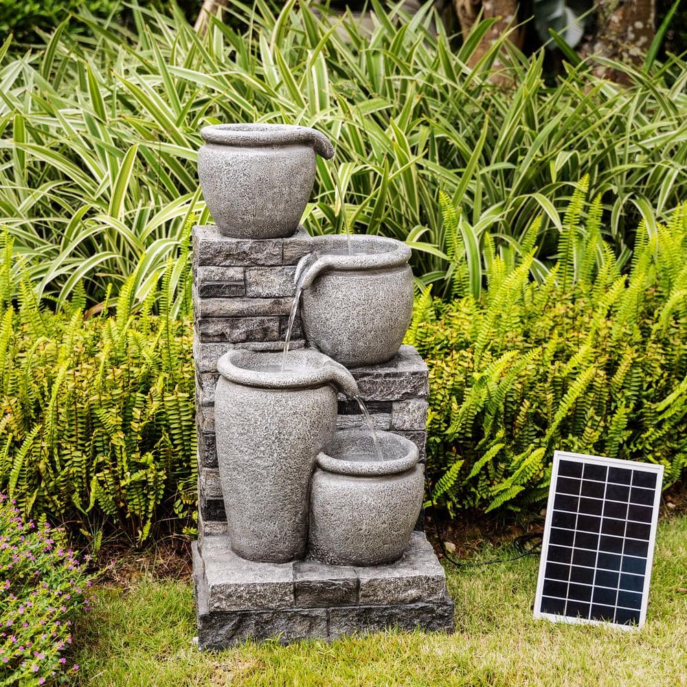 Gray Solar Powered 4-Tier Cascading Bowl Outdoor Water Fountain